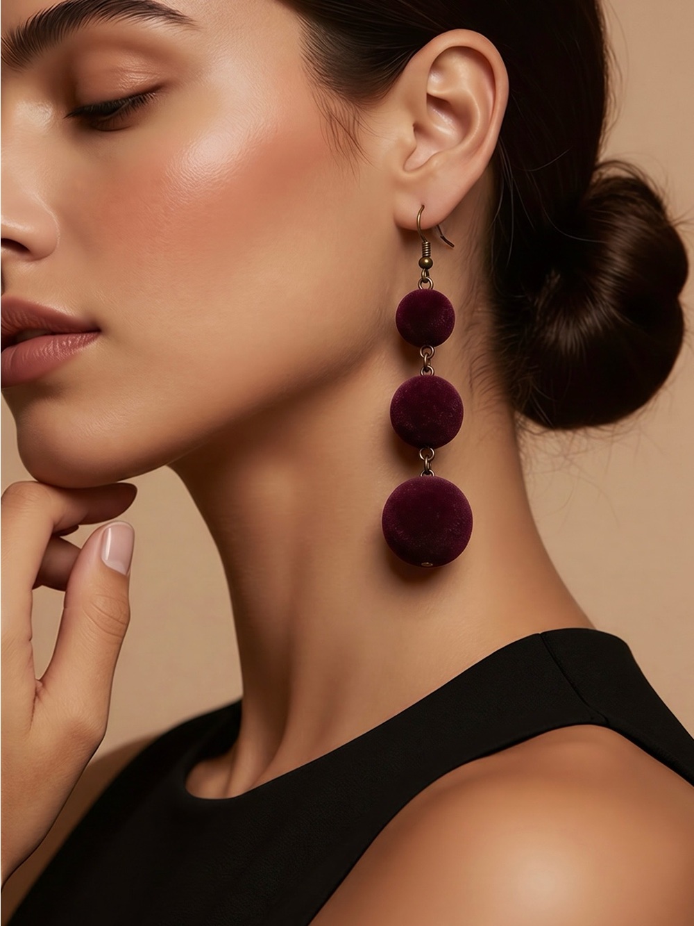 Burgundy Velvet Tiered Ball Drop Earrings Long Dangle Statement 3.5"